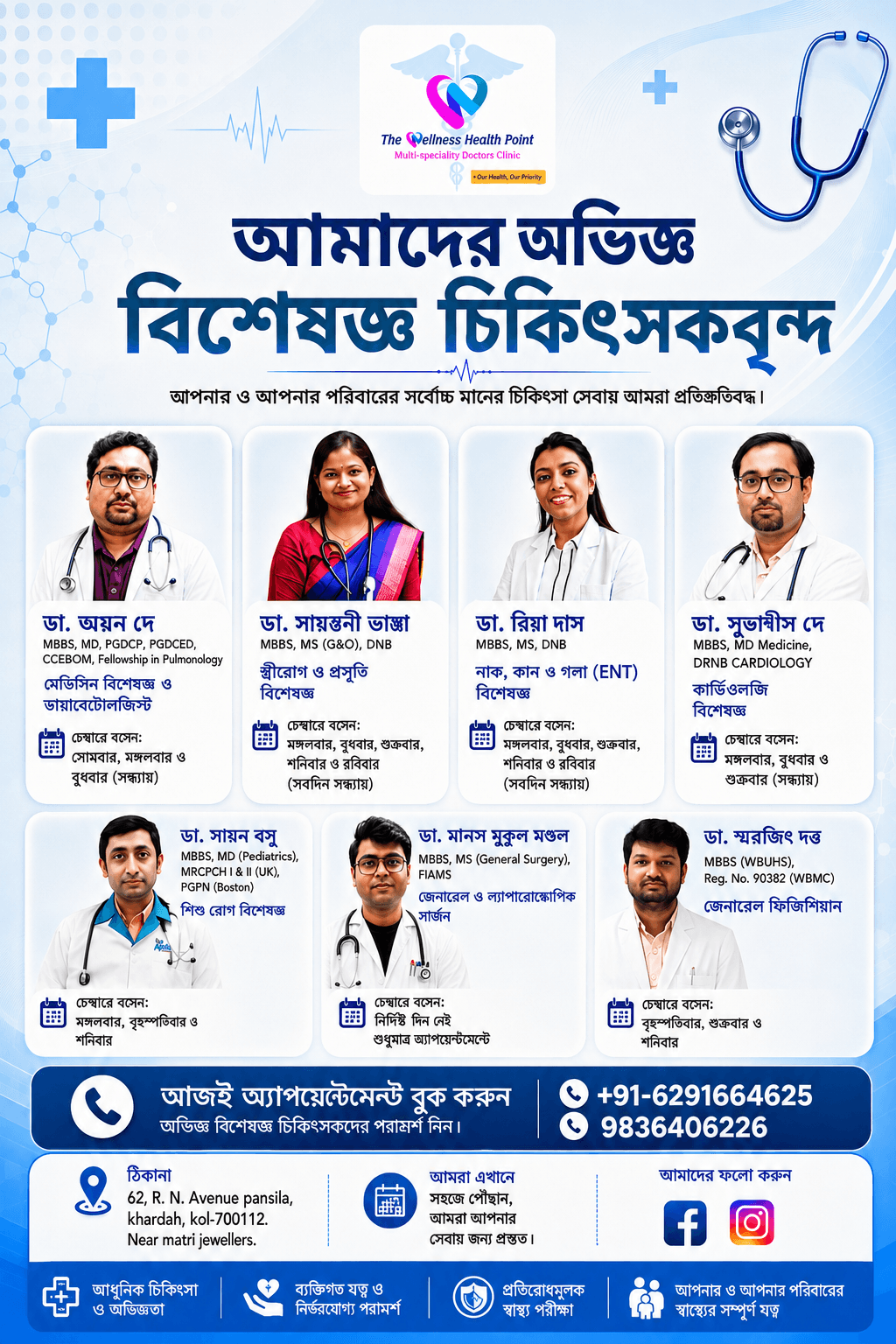 Wellness Health Point's specialist doctors, their qualifications and clinic days, listed in Bengali